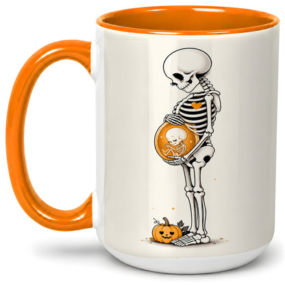 #pl[15oz|Orange] Pregnant Skeleton Ceramic Mug, Halloween Art for Expecting Moms