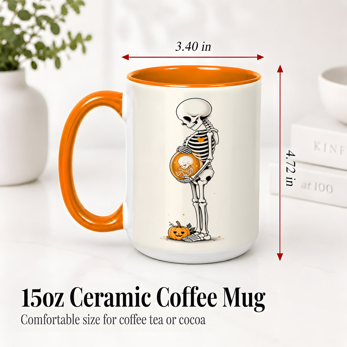 #pl[15oz|Orange] Pregnant Skeleton Ceramic Mug, Halloween Art for Expecting Moms