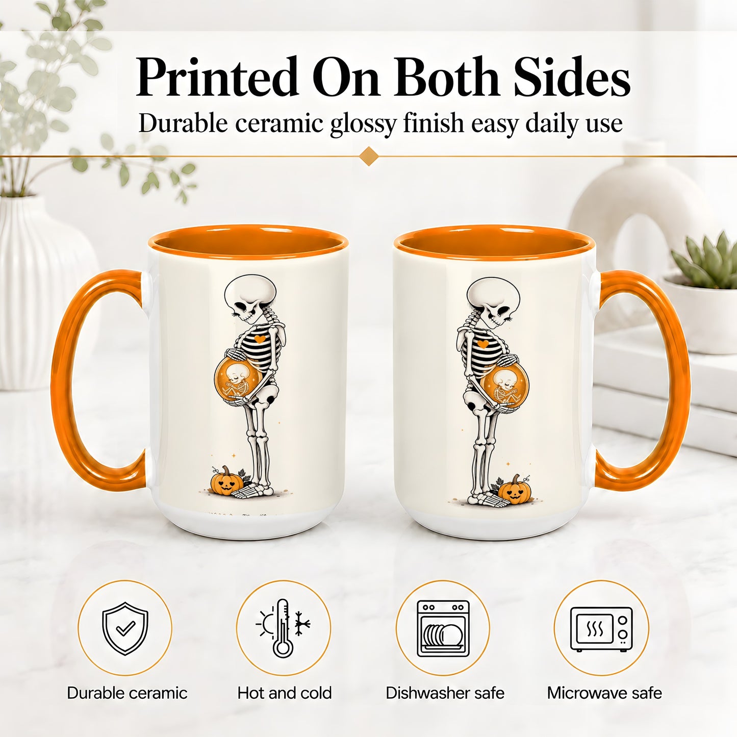 #pl[15oz|Orange] Pregnant Skeleton Ceramic Mug, Halloween Art for Expecting Moms
