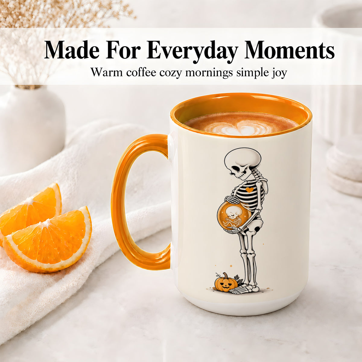 #pl[15oz|Orange] Pregnant Skeleton Ceramic Mug, Halloween Art for Expecting Moms
