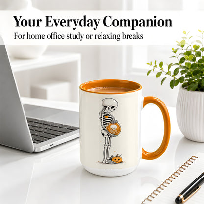 #pl[15oz|Orange] Pregnant Skeleton Ceramic Mug, Halloween Art for Expecting Moms