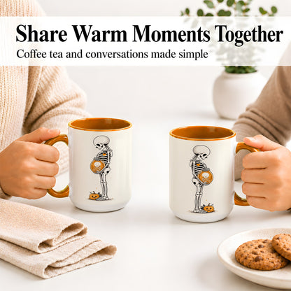 #pl[15oz|Orange] Pregnant Skeleton Ceramic Mug, Halloween Art for Expecting Moms