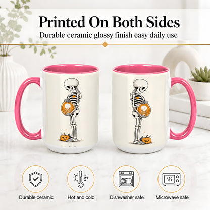 #pl[15oz|Pink] Pregnant Skeleton Ceramic Mug, Halloween Art for Expecting Moms