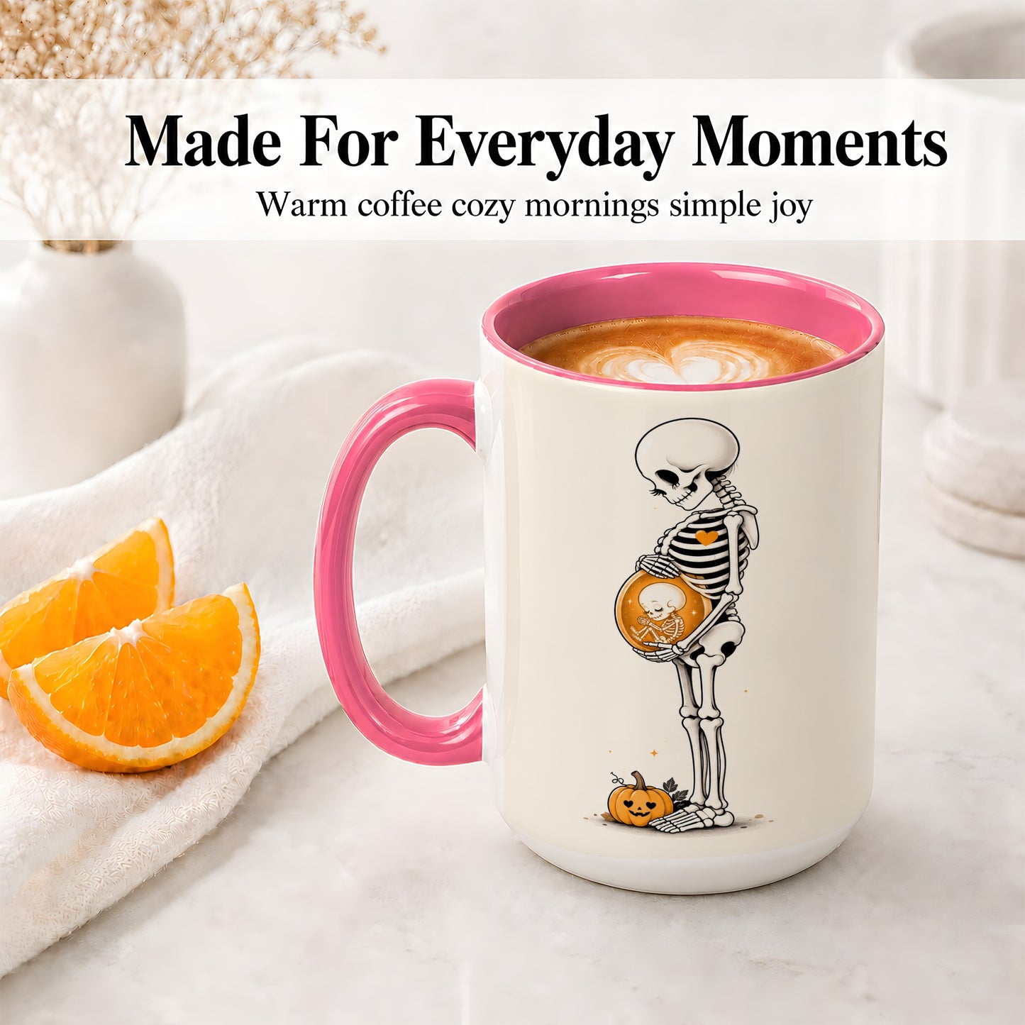 #pl[15oz|Pink] Pregnant Skeleton Ceramic Mug, Halloween Art for Expecting Moms