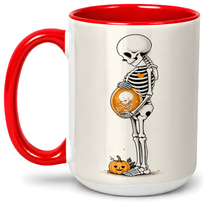#pl[15oz|Red] Pregnant Skeleton Ceramic Mug, Halloween Art for Expecting Moms