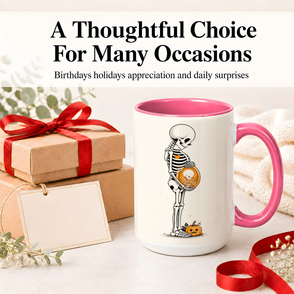 #pl[15oz|Pink] Pregnant Skeleton Ceramic Mug, Halloween Art for Expecting Moms