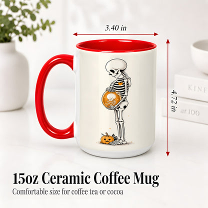 #pl[15oz|Red] Pregnant Skeleton Ceramic Mug, Halloween Art for Expecting Moms
