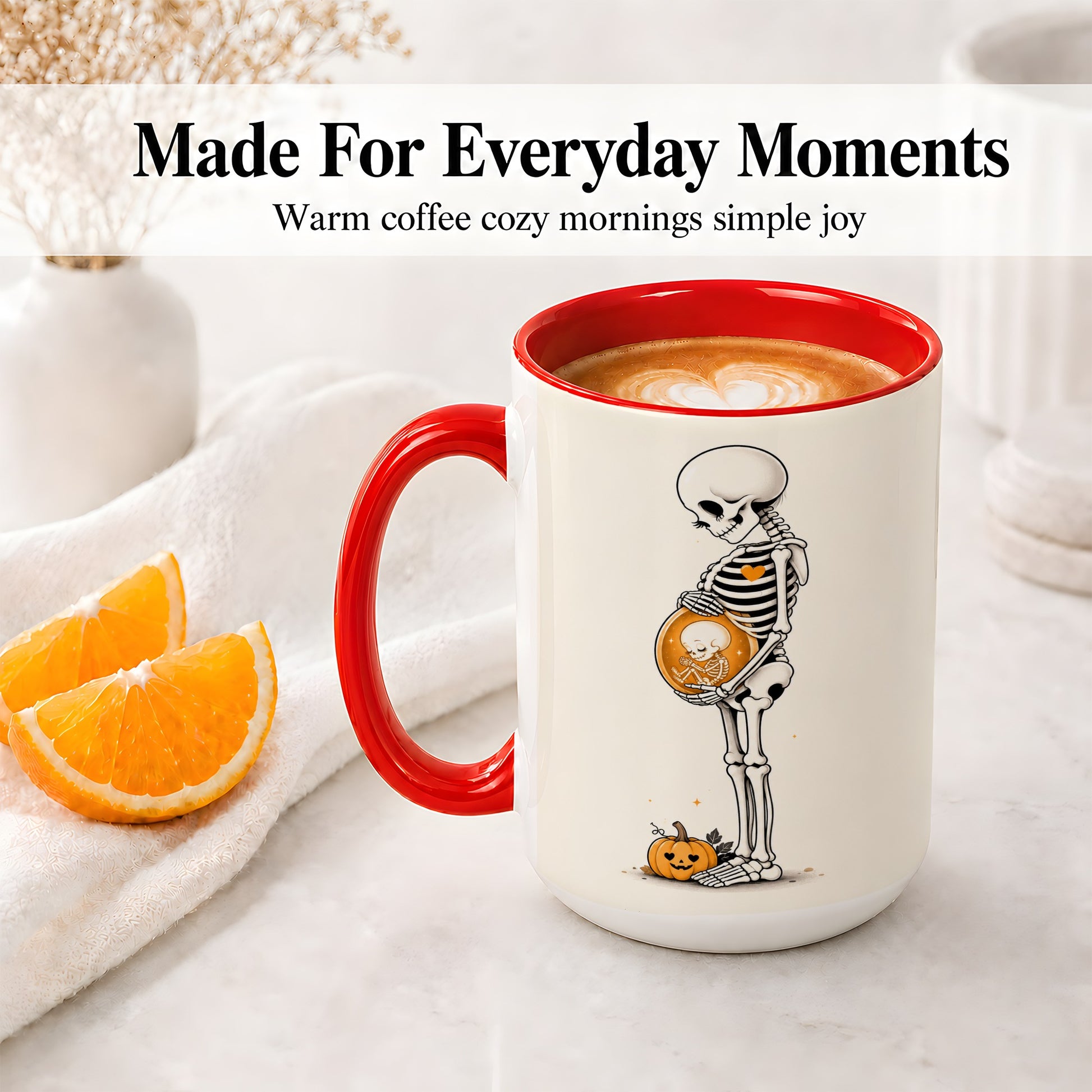 #pl[15oz|Red] Pregnant Skeleton Ceramic Mug, Halloween Art for Expecting Moms
