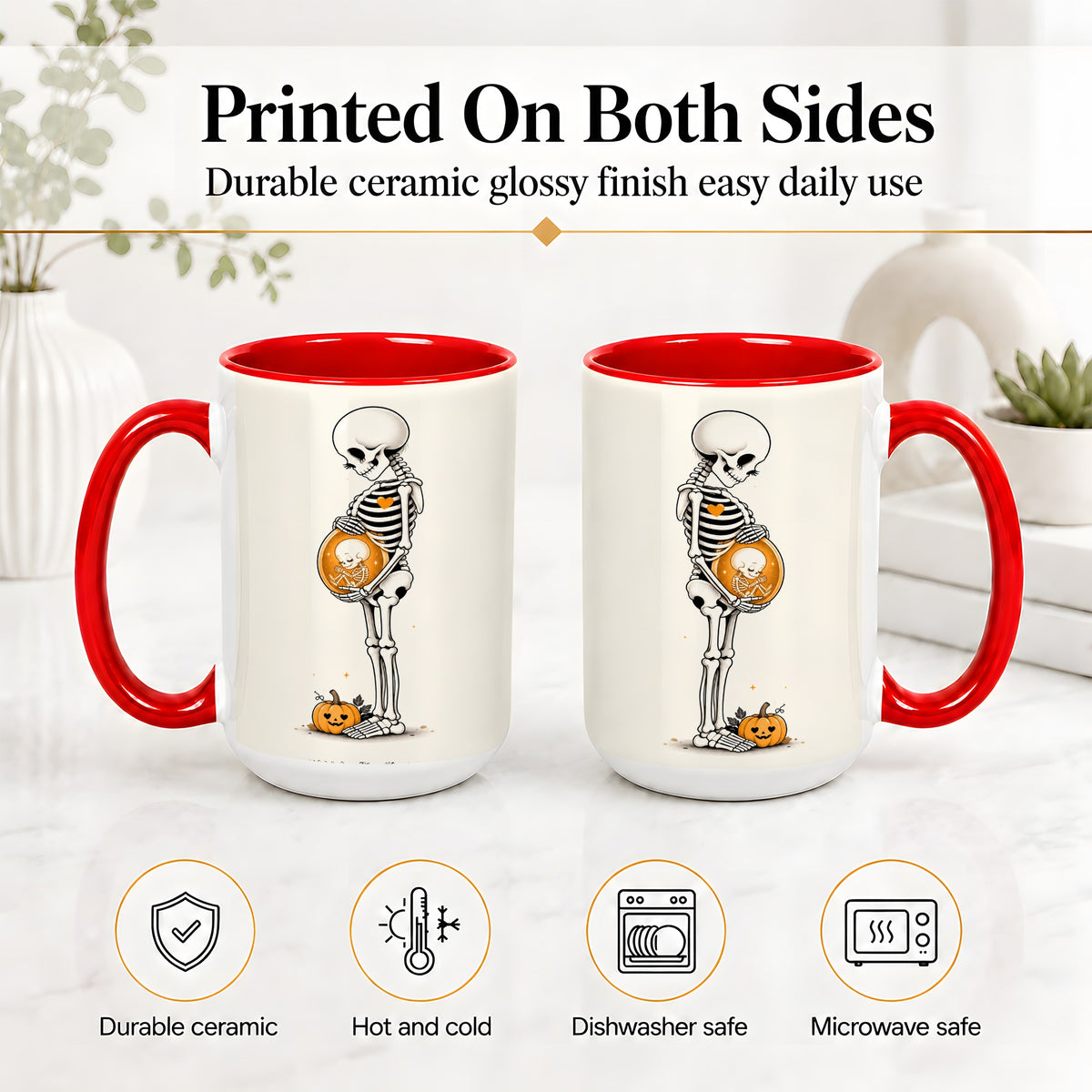 #pl[15oz|Red] Pregnant Skeleton Ceramic Mug, Halloween Art for Expecting Moms