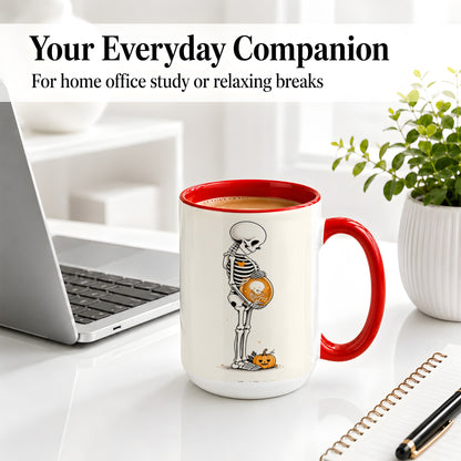 #pl[15oz|Red] Pregnant Skeleton Ceramic Mug, Halloween Art for Expecting Moms