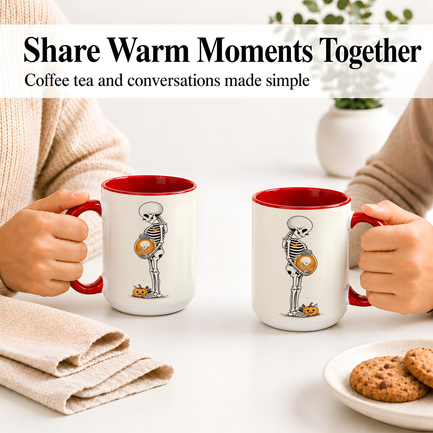 #pl[15oz|Red] Pregnant Skeleton Ceramic Mug, Halloween Art for Expecting Moms