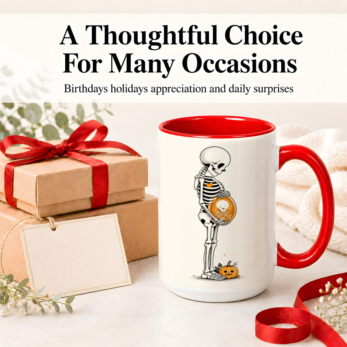 #pl[15oz|Red] Pregnant Skeleton Ceramic Mug, Halloween Art for Expecting Moms