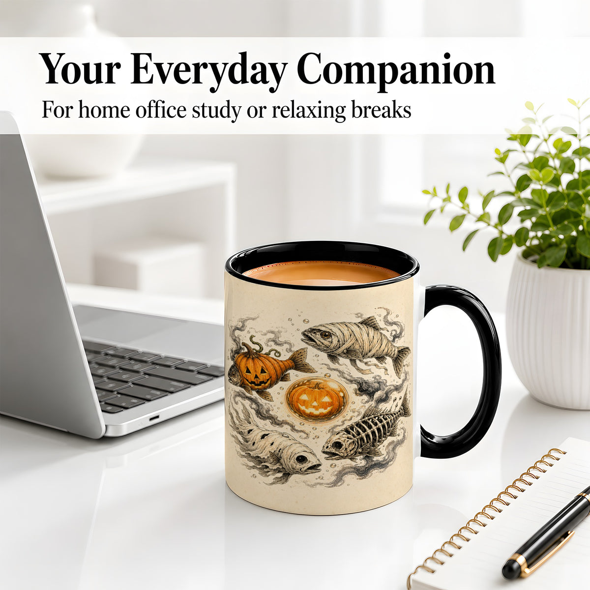 #pl[11oz|Black] Halloween Fish Ceramic Mug, Mummy Skeleton Pumpkin Art for Anglers