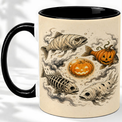 #pl[11oz|Black] Halloween Fish Ceramic Mug, Mummy Skeleton Pumpkin Art for Anglers