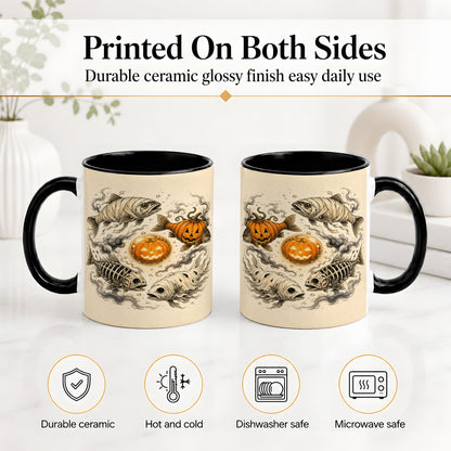 #pl[11oz|Black] Halloween Fish Ceramic Mug, Mummy Skeleton Pumpkin Art for Anglers