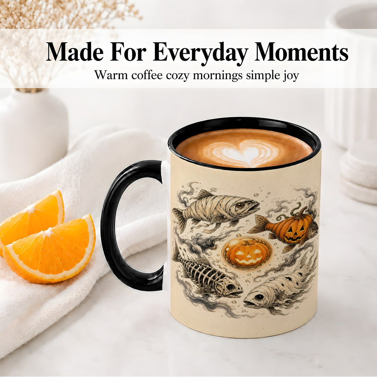 #pl[11oz|Black] Halloween Fish Ceramic Mug, Mummy Skeleton Pumpkin Art for Anglers