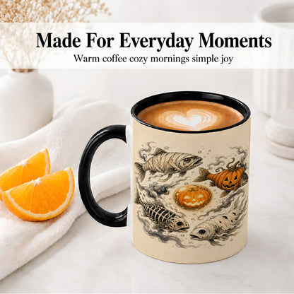 #pl[11oz|Black] Halloween Fish Ceramic Mug, Mummy Skeleton Pumpkin Art for Anglers