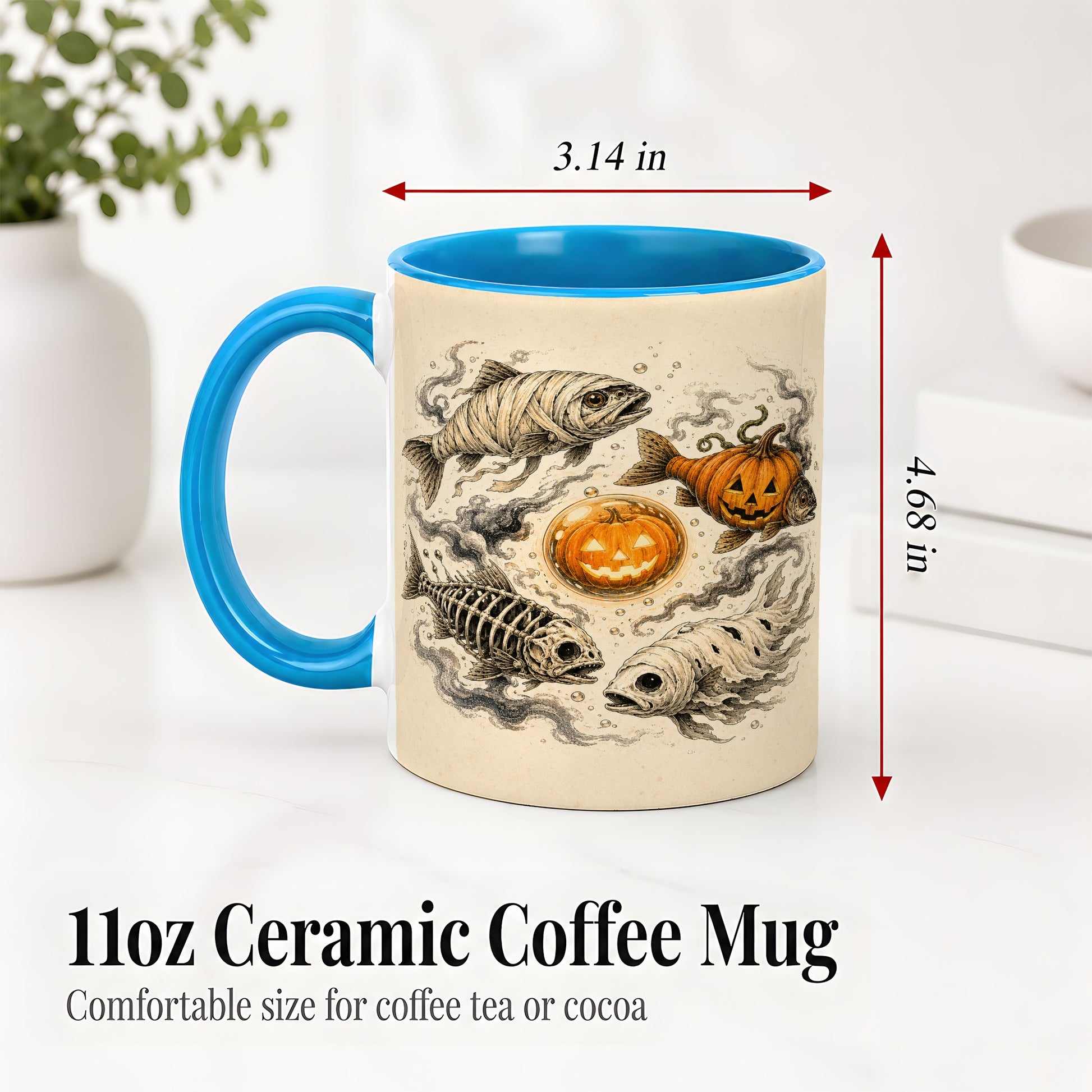 #pl[11oz|Blue] Halloween Fish Ceramic Mug, Mummy Skeleton Pumpkin Art for Anglers