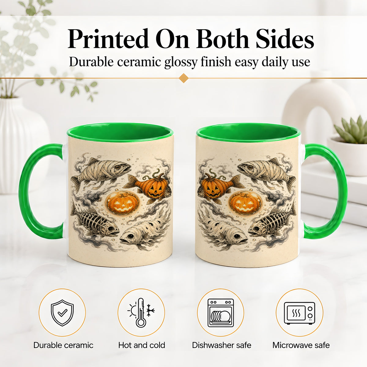 #pl[11oz|Green] Halloween Fish Ceramic Mug, Mummy Skeleton Pumpkin Art for Anglers