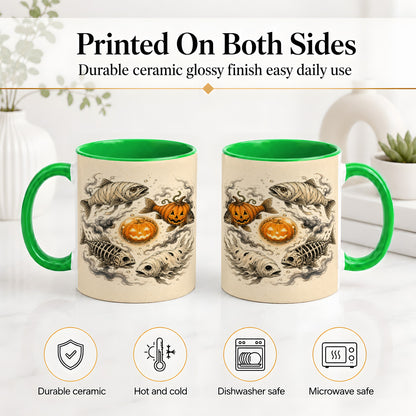 #pl[11oz|Green] Halloween Fish Ceramic Mug, Mummy Skeleton Pumpkin Art for Anglers