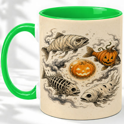 #pl[11oz|Green] Halloween Fish Ceramic Mug, Mummy Skeleton Pumpkin Art for Anglers