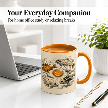 #pl[11oz|Orange] Halloween Fish Ceramic Mug, Mummy Skeleton Pumpkin Art for Anglers