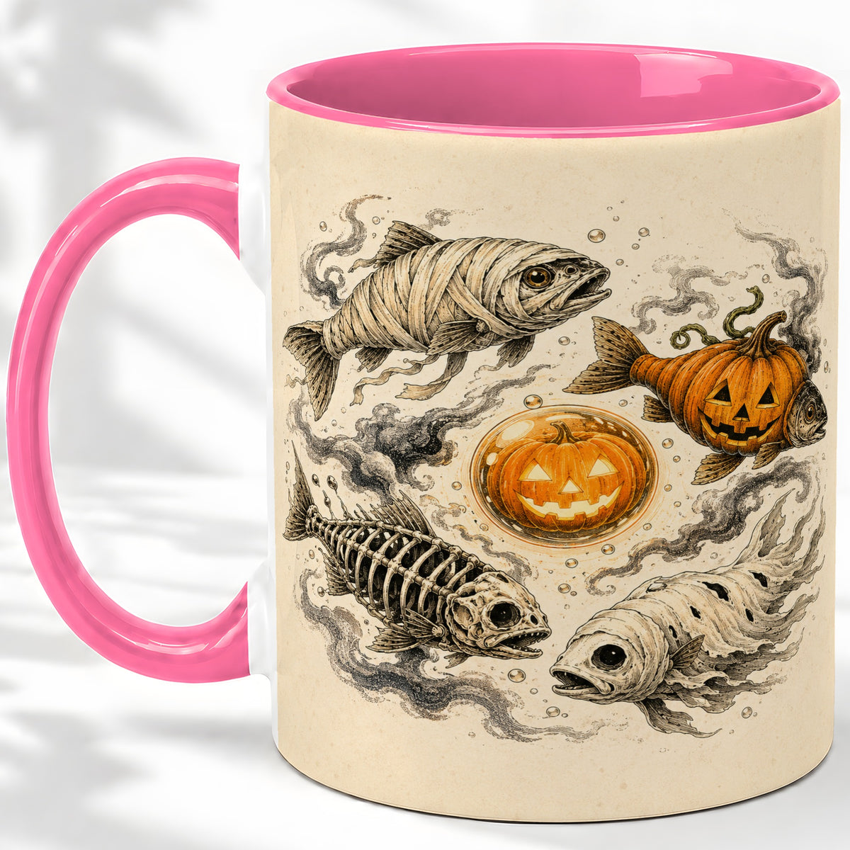 #pl[11oz|Pink] Halloween Fish Ceramic Mug, Mummy Skeleton Pumpkin Art for Anglers