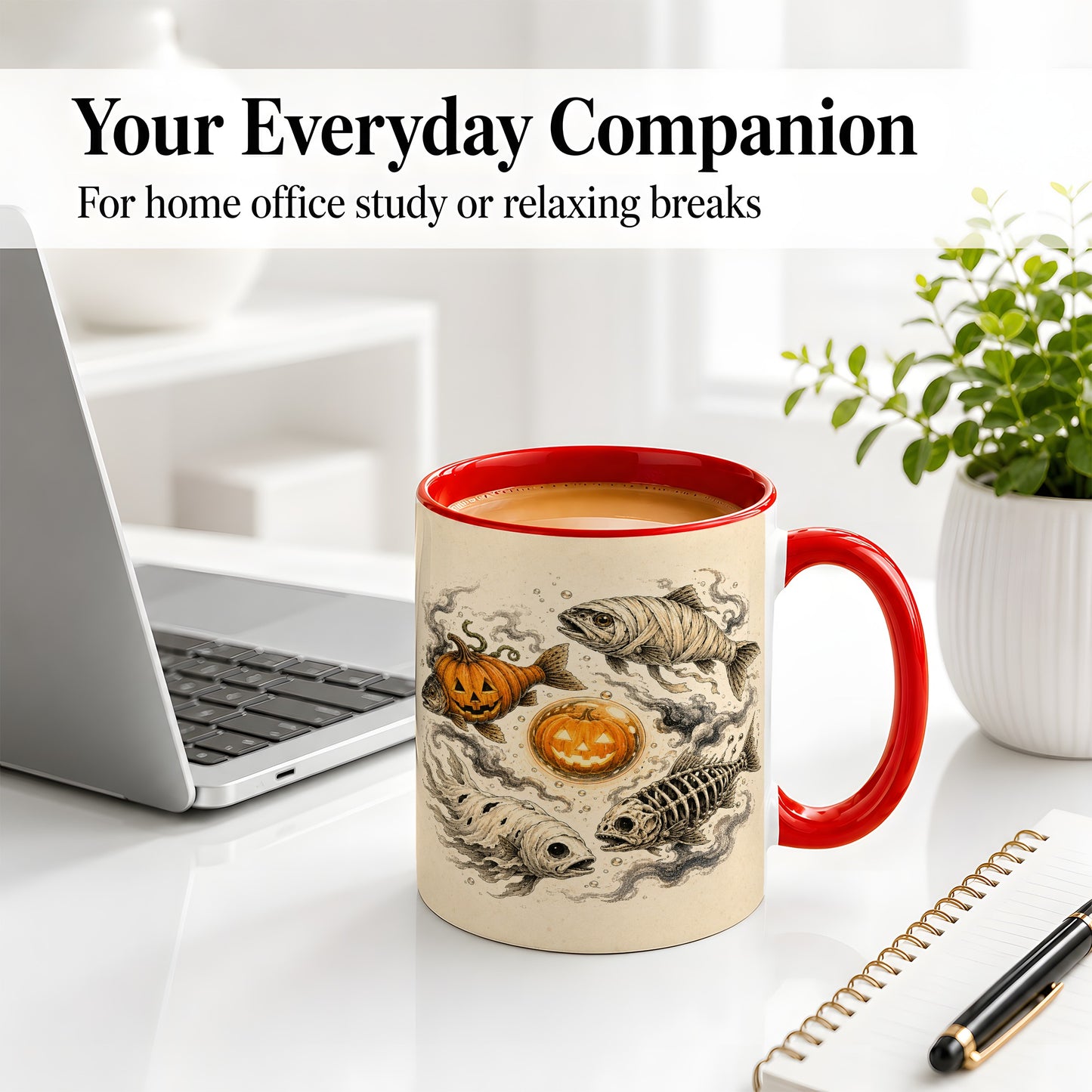 #pl[11oz|Red] Halloween Fish Ceramic Mug, Mummy Skeleton Pumpkin Art for Anglers
