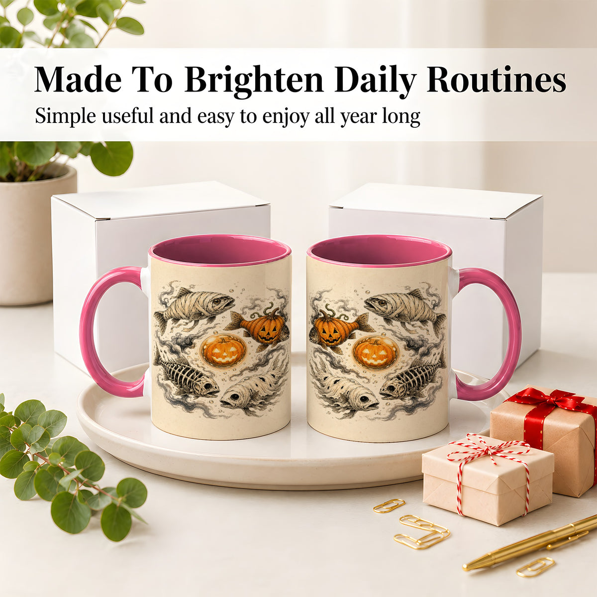 #pl[11oz|Pink] Halloween Fish Ceramic Mug, Mummy Skeleton Pumpkin Art for Anglers