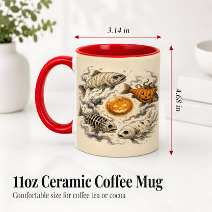 #pl[11oz|Red] Halloween Fish Ceramic Mug, Mummy Skeleton Pumpkin Art for Anglers