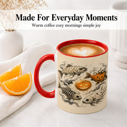 #pl[11oz|Red] Halloween Fish Ceramic Mug, Mummy Skeleton Pumpkin Art for Anglers
