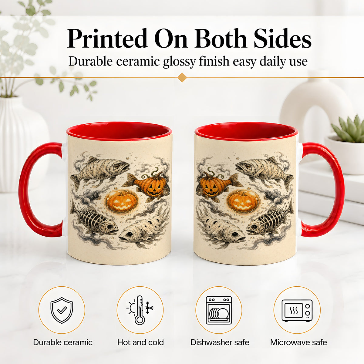 #pl[11oz|Red] Halloween Fish Ceramic Mug, Mummy Skeleton Pumpkin Art for Anglers
