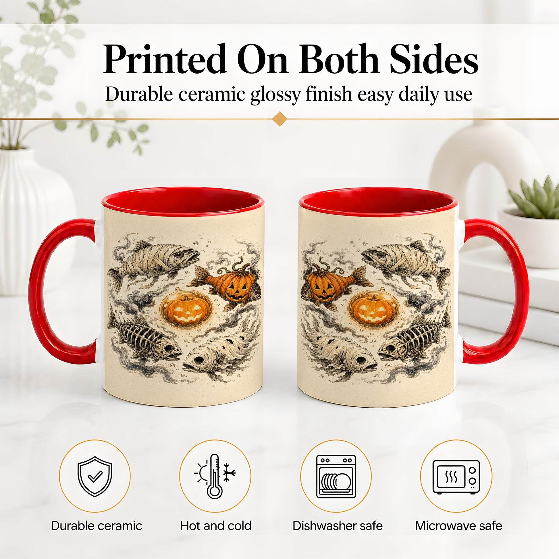 #pl[11oz|Red] Halloween Fish Ceramic Mug, Mummy Skeleton Pumpkin Art for Anglers