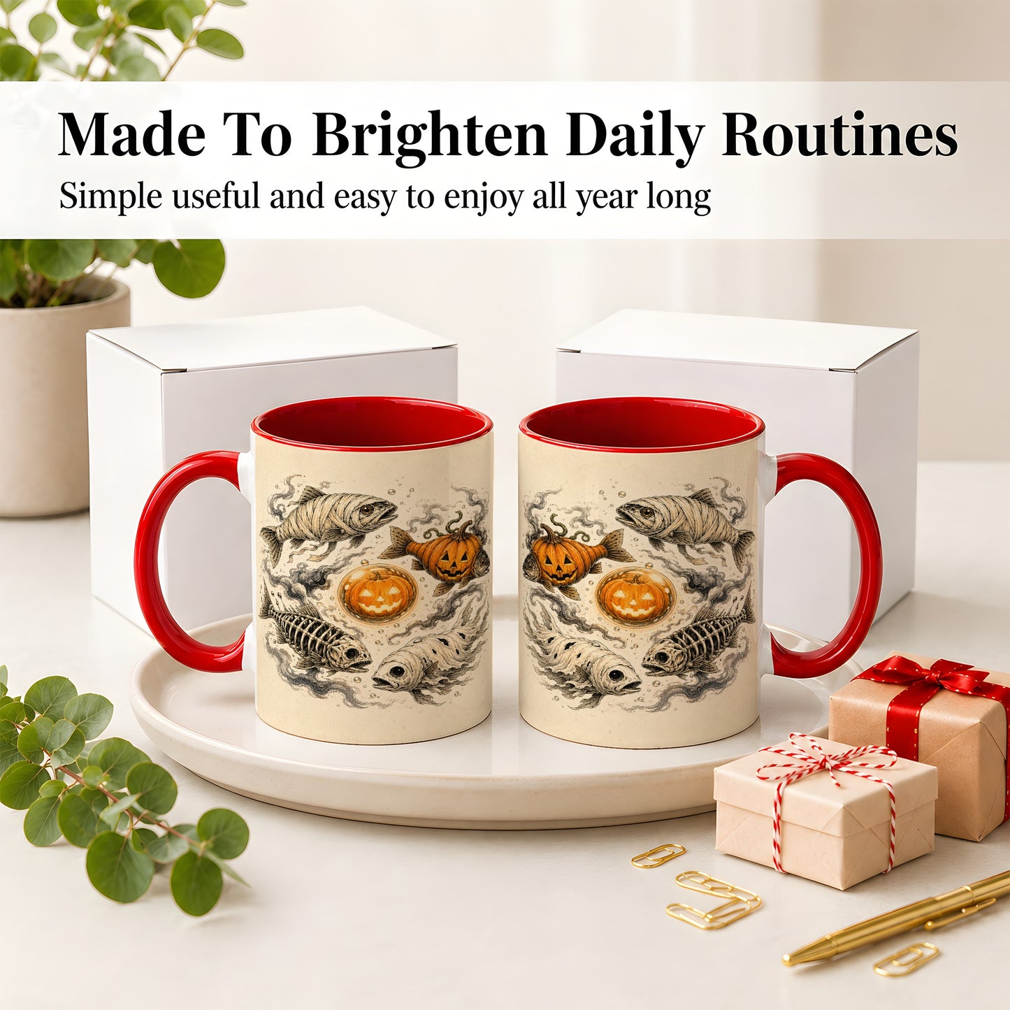 #pl[11oz|Red] Halloween Fish Ceramic Mug, Mummy Skeleton Pumpkin Art for Anglers