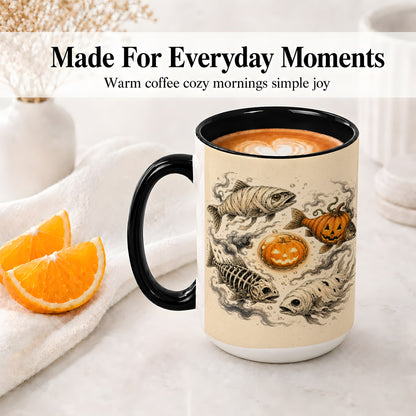 #pl[15oz|Black] Halloween Fish Ceramic Mug, Mummy Skeleton Pumpkin Art for Anglers