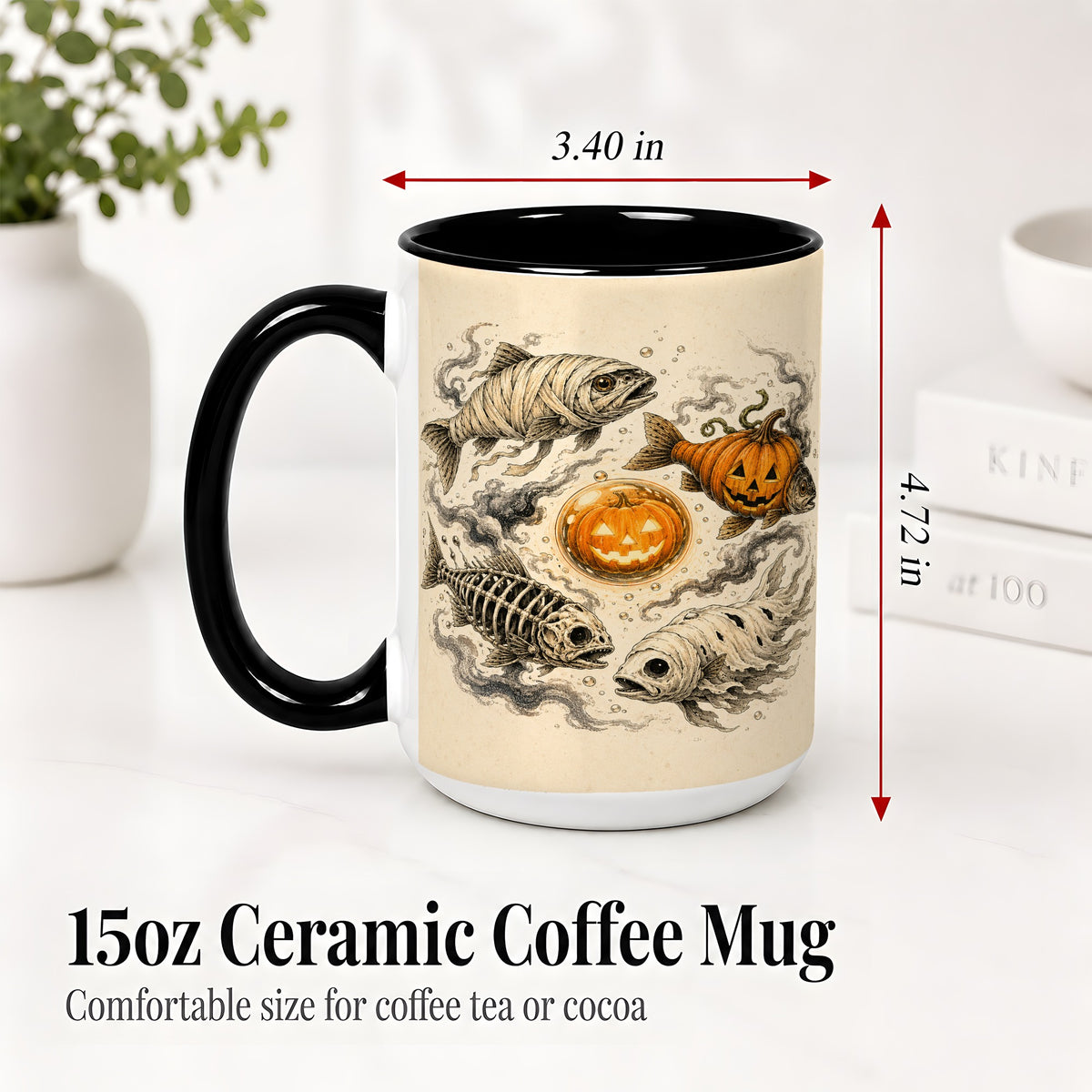 #pl[15oz|Black] Halloween Fish Ceramic Mug, Mummy Skeleton Pumpkin Art for Anglers