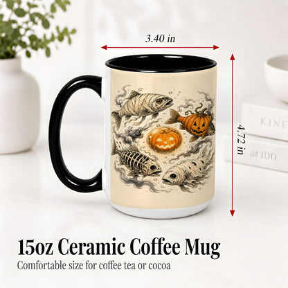 #pl[15oz|Black] Halloween Fish Ceramic Mug, Mummy Skeleton Pumpkin Art for Anglers