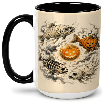 #pl[15oz|Black] Halloween Fish Ceramic Mug, Mummy Skeleton Pumpkin Art for Anglers