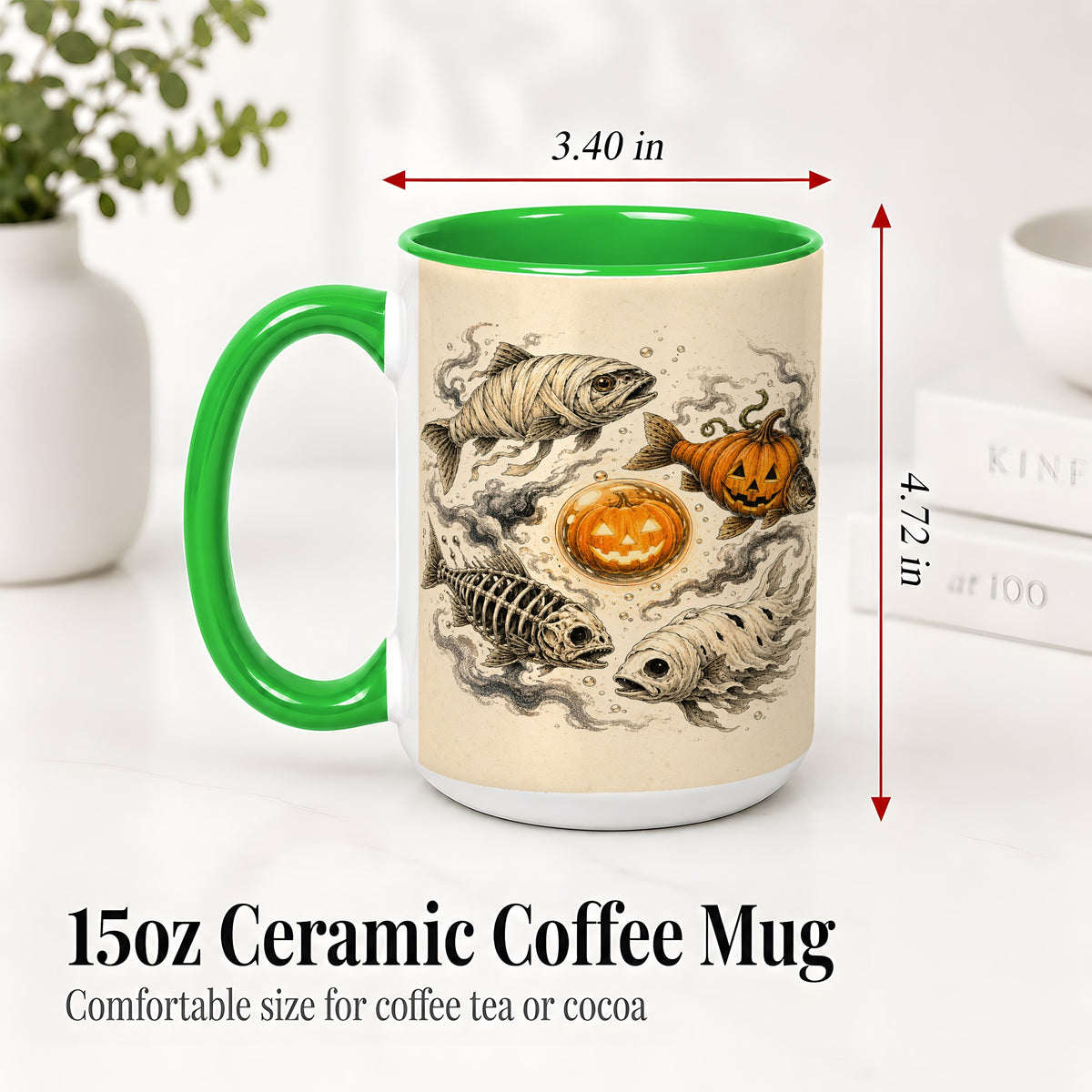 #pl[15oz|Green] Halloween Fish Ceramic Mug, Mummy Skeleton Pumpkin Art for Anglers