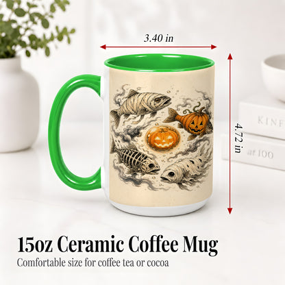 #pl[15oz|Green] Halloween Fish Ceramic Mug, Mummy Skeleton Pumpkin Art for Anglers
