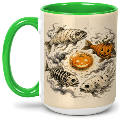 #pl[15oz|Green] Halloween Fish Ceramic Mug, Mummy Skeleton Pumpkin Art for Anglers