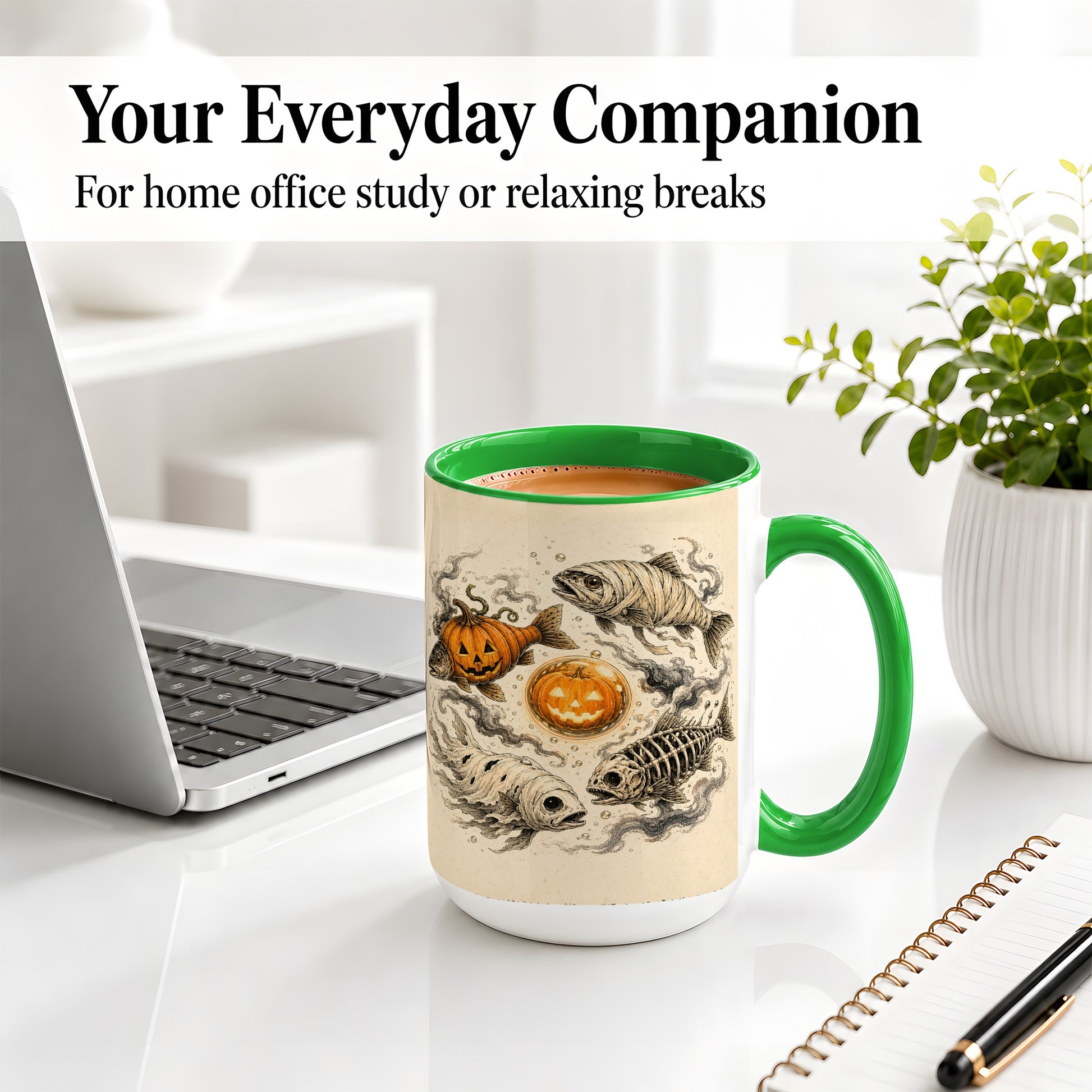 #pl[15oz|Green] Halloween Fish Ceramic Mug, Mummy Skeleton Pumpkin Art for Anglers