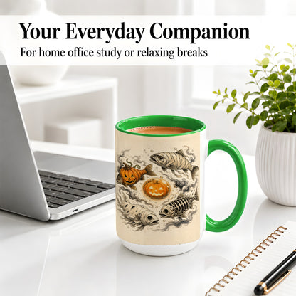 #pl[15oz|Green] Halloween Fish Ceramic Mug, Mummy Skeleton Pumpkin Art for Anglers
