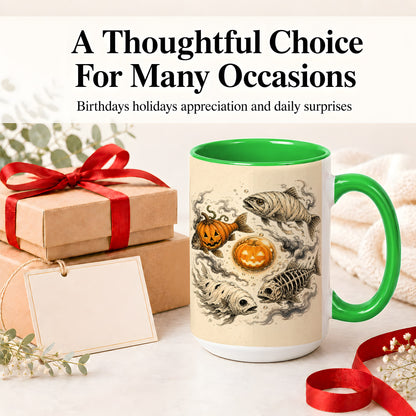 #pl[15oz|Green] Halloween Fish Ceramic Mug, Mummy Skeleton Pumpkin Art for Anglers