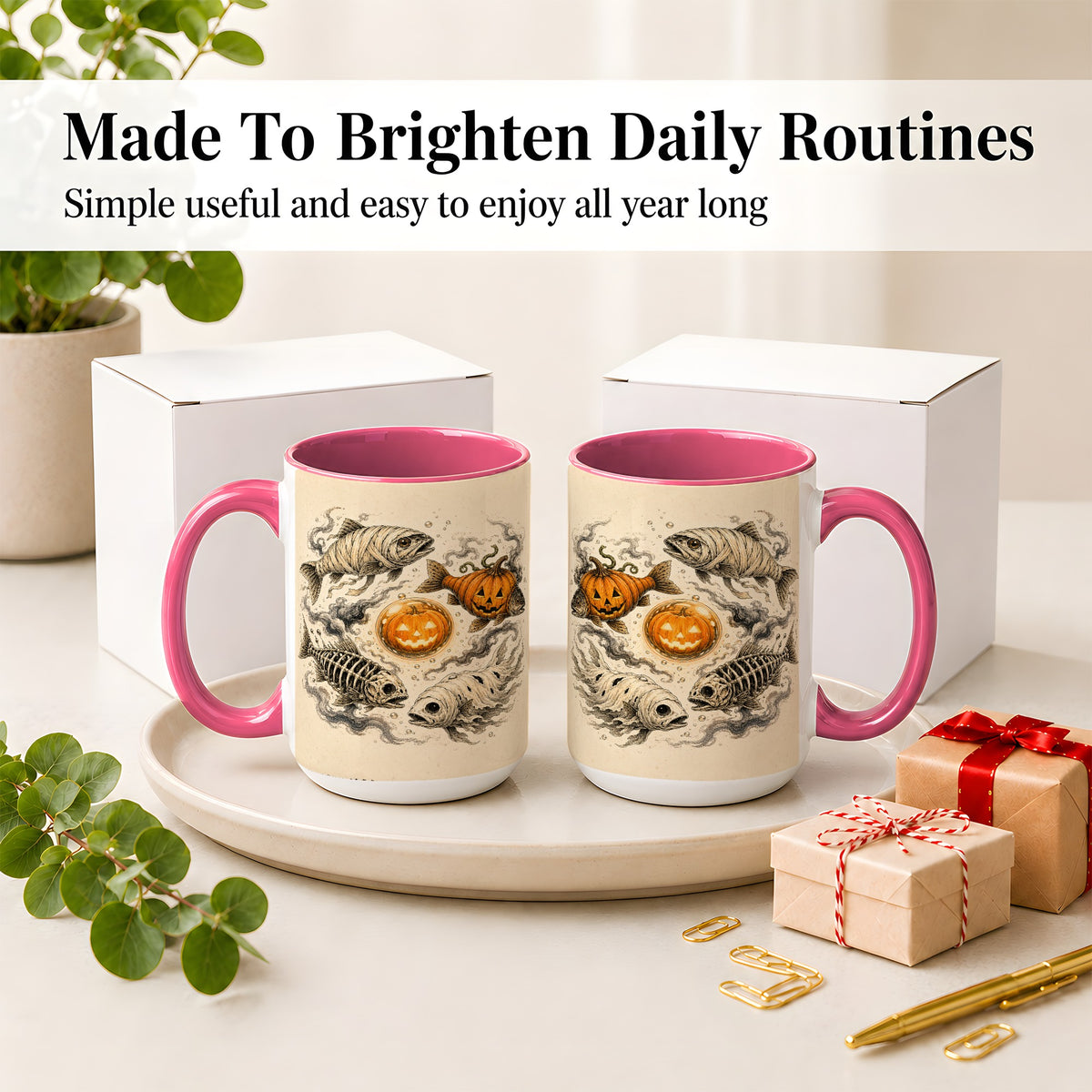 #pl[15oz|Pink] Halloween Fish Ceramic Mug, Mummy Skeleton Pumpkin Art for Anglers