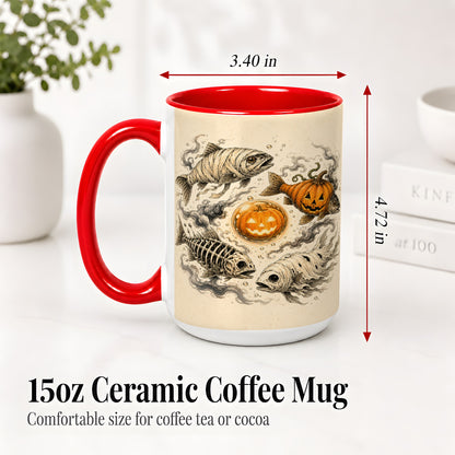 #pl[15oz|Red] Halloween Fish Ceramic Mug, Mummy Skeleton Pumpkin Art for Anglers