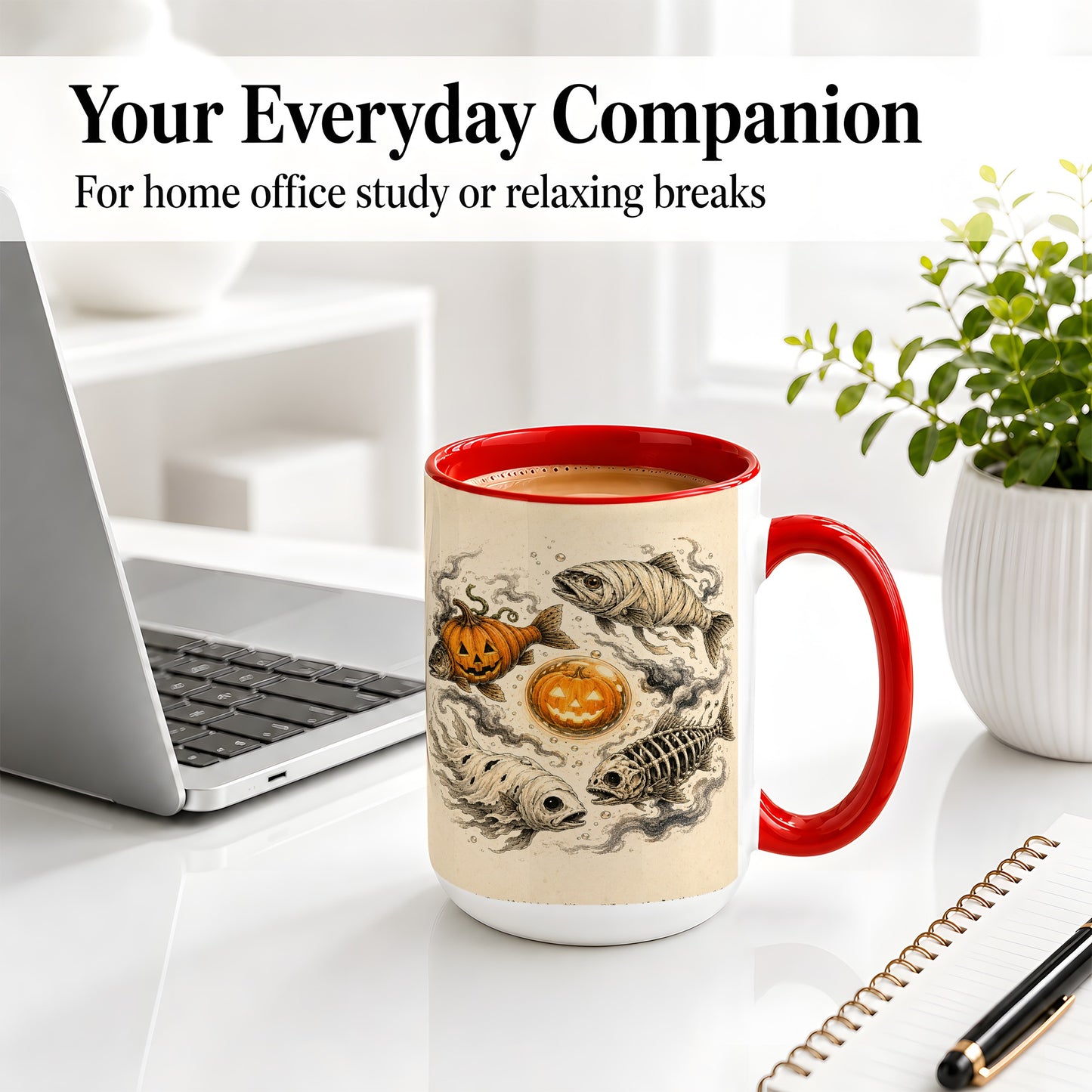 #pl[15oz|Red] Halloween Fish Ceramic Mug, Mummy Skeleton Pumpkin Art for Anglers