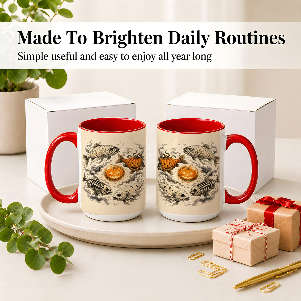 #pl[15oz|Red] Halloween Fish Ceramic Mug, Mummy Skeleton Pumpkin Art for Anglers
