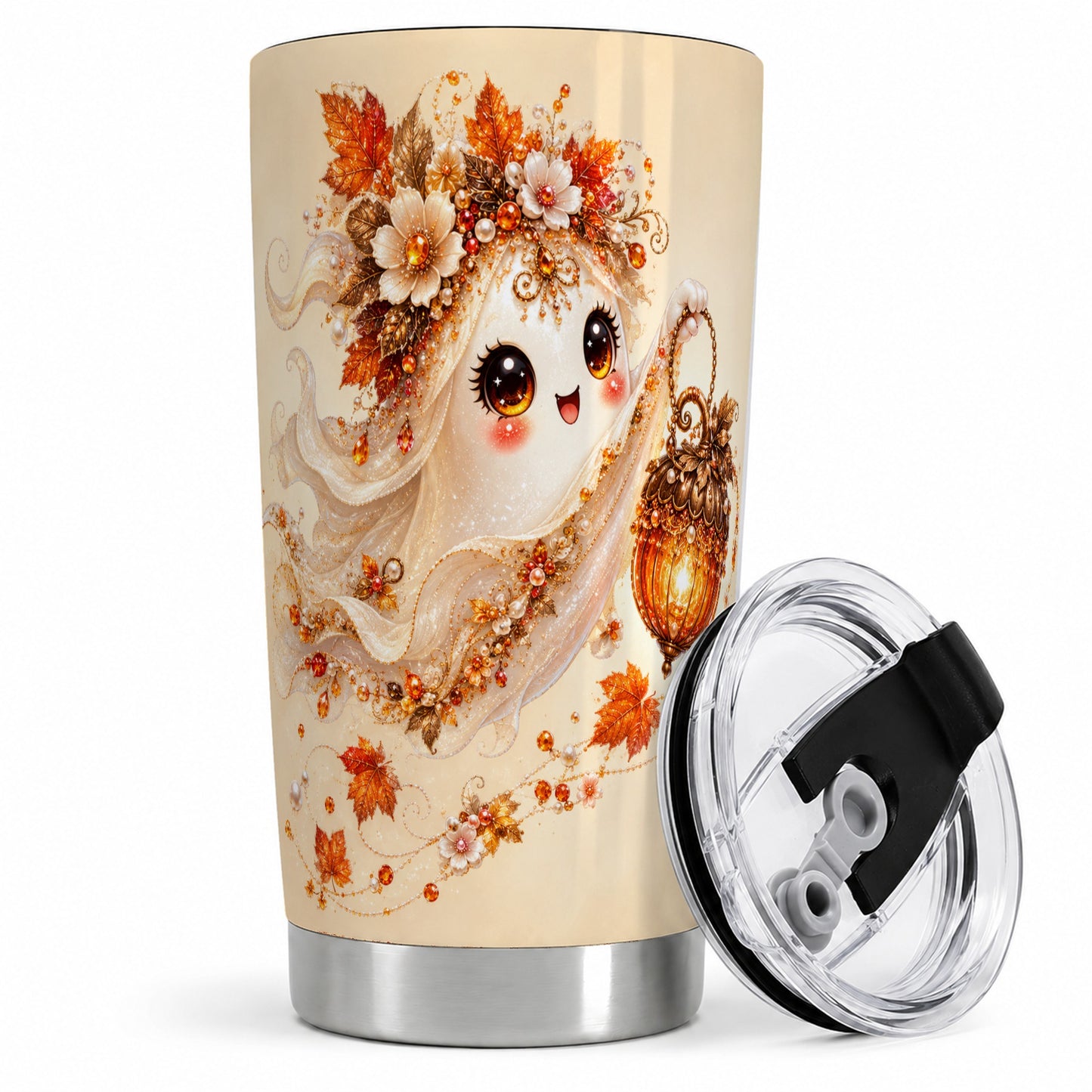 Autumn Ghost Lantern 20oz Tumbler, Fall Floral Art for Ghost Fans