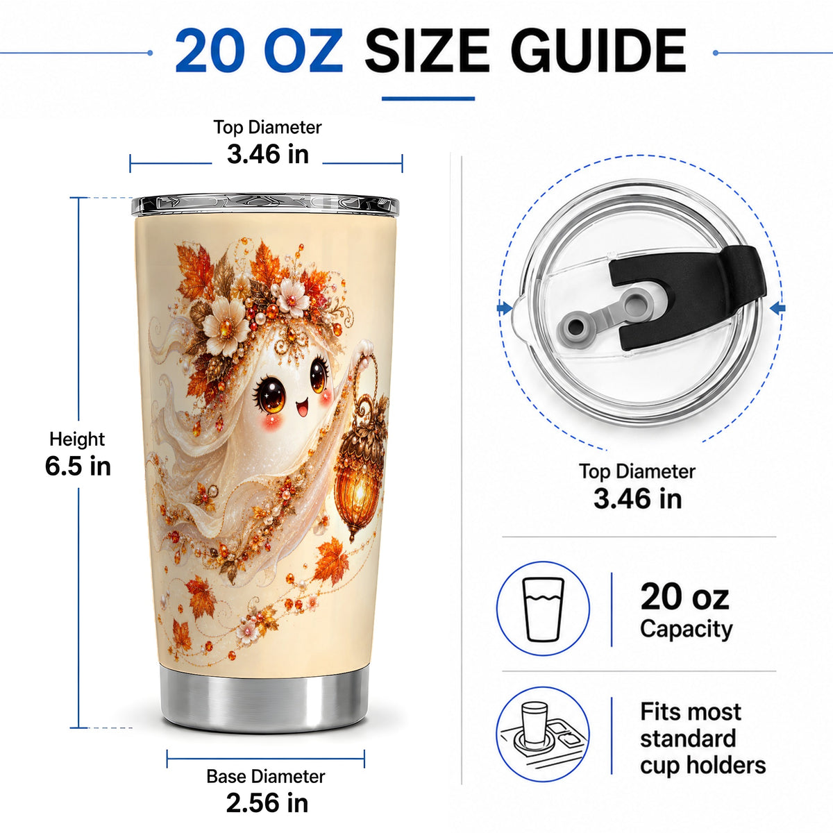 #pl[20oz|Steel] Autumn Ghost Lantern 20oz Tumbler, Fall Floral Art for Ghost Fans